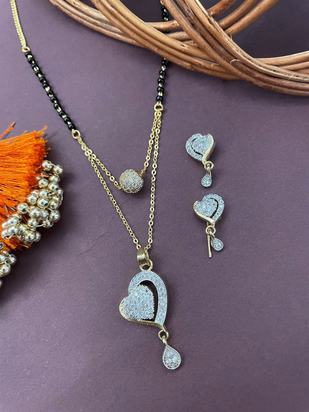 Short Mangalsutra With Heart Pendent & Earring Set with AD Ball