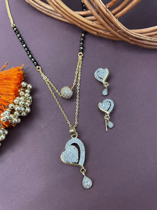 Short Mangalsutra With Heart Pendent & Earring Set with AD Ball