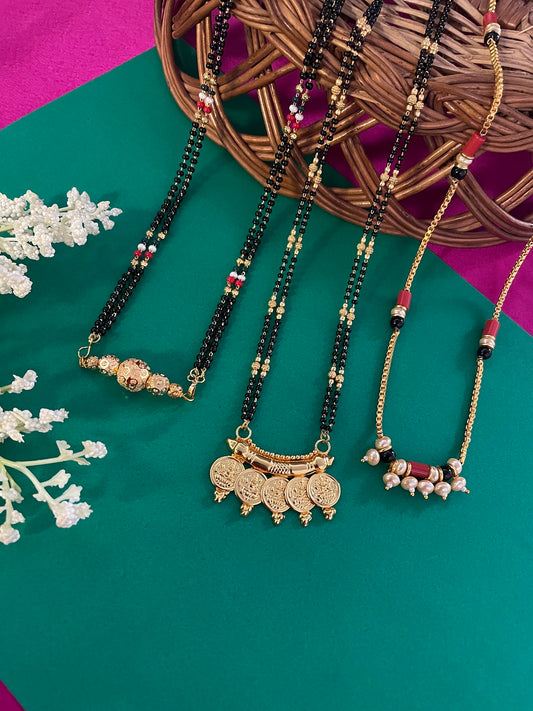 Combo Offer (Set of 3) Gold-Plated Black Beads Long Ball| Lakshmi Coin Pendant Mangalsutra | South Indian Pearls Pendant Necklace