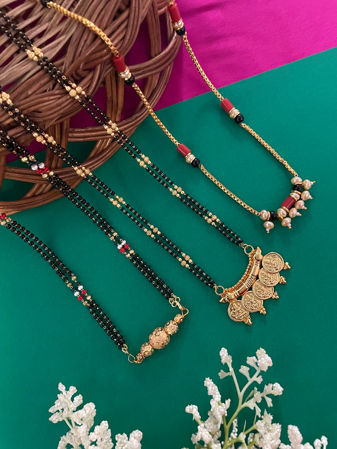 Combo Offer (Set of 3) Gold-Plated Black Beads Long Ball| Lakshmi Coin Pendant Mangalsutra | South Indian Pearls Pendant Necklace