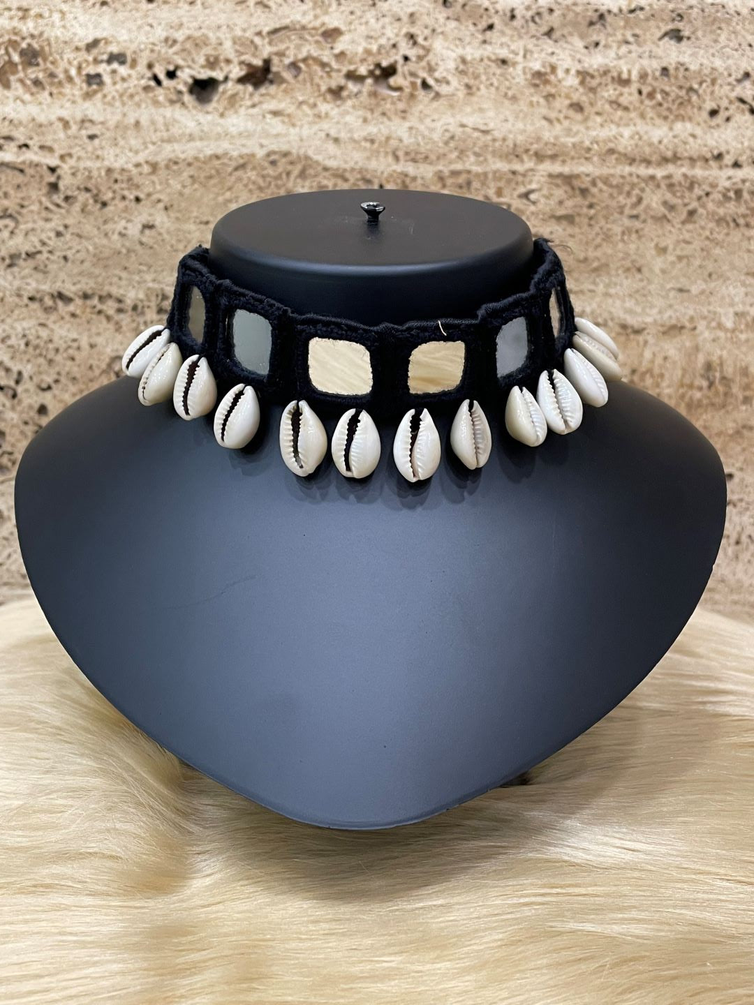 Navratri Garba Dandiya Black Fabric & Embroidery Mirror Work Banjara Choker Necklace With Sea Shells