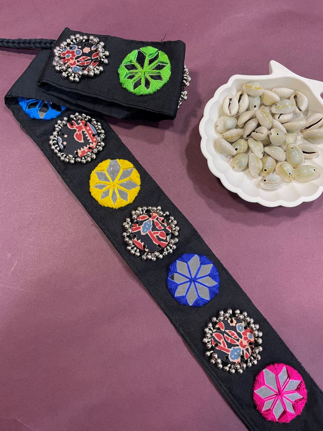 Navratri Garba Dandiya Fabric & Embroidery Round Mirror Work Banjara Waist Belt Kamar Bandh