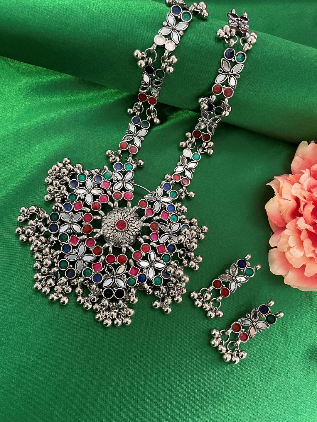 Oxidized Multi Color Long Necklace & Earring Set