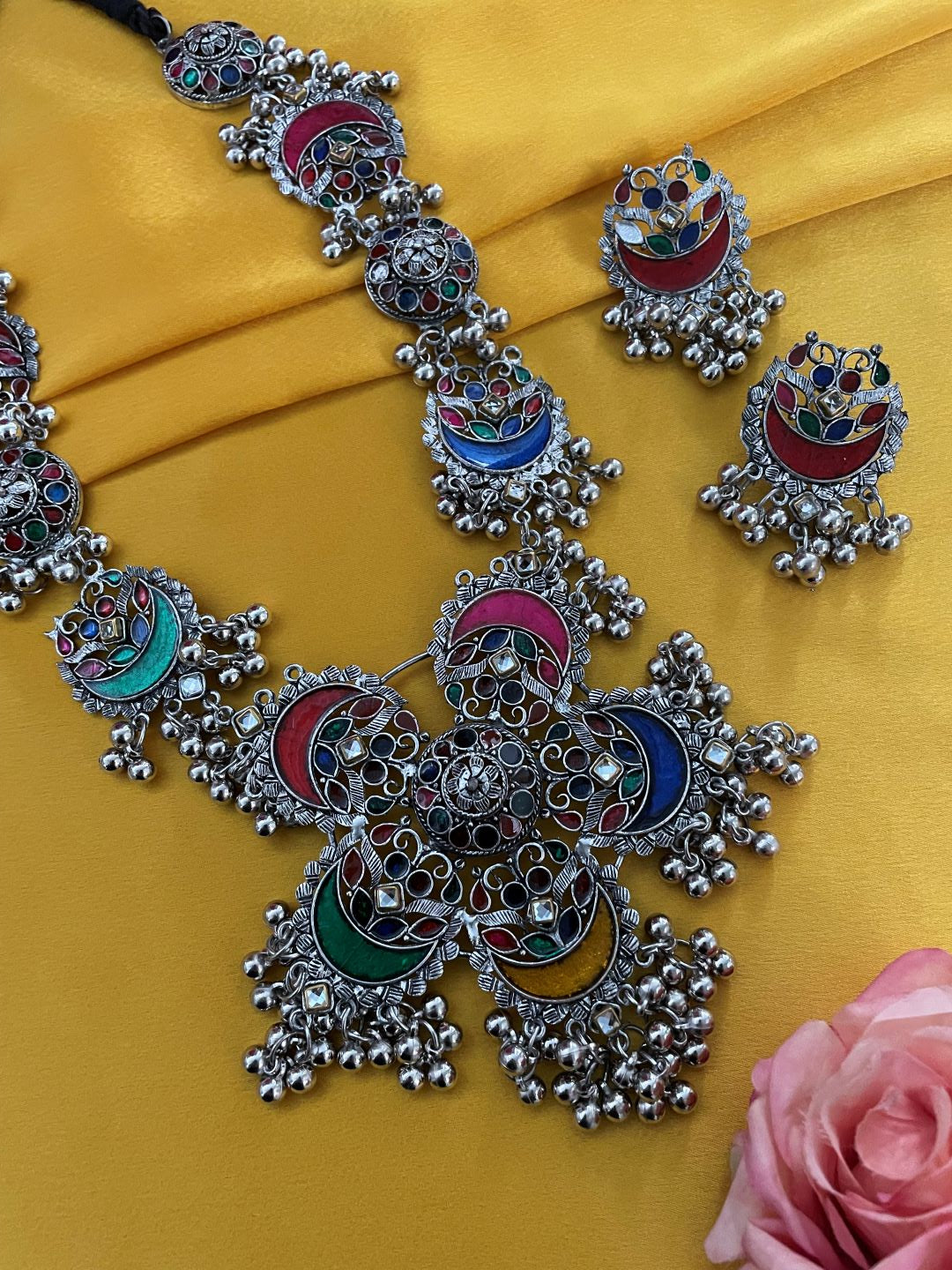 Navratri Garba Dandiya Boho Oxidized Long Necklace & Earring Set Banjara Tribal Multicolor Enamel Work
