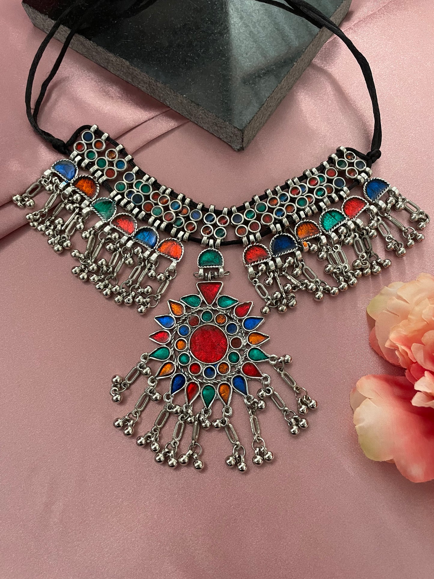 Navratri Garba Dandiya Boho Oxidized Long Necklace & Earring Set Banjara Tribal Multicolor Enamel Work