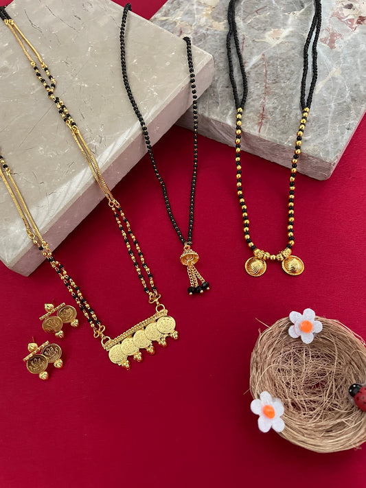 Combo Offer (Set of 3) Gold-Plated Black Beads Short Vati| Latkan Pendant Mangalsutra | Long South Indian Lakshmi Coin Pendant Necklace Set