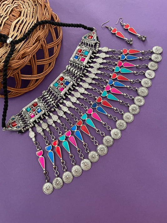 Navratri Garba Dandiya Boho Oxidized Long Necklace & Earring Set Banjara Tribal Multicolor Enamel Work