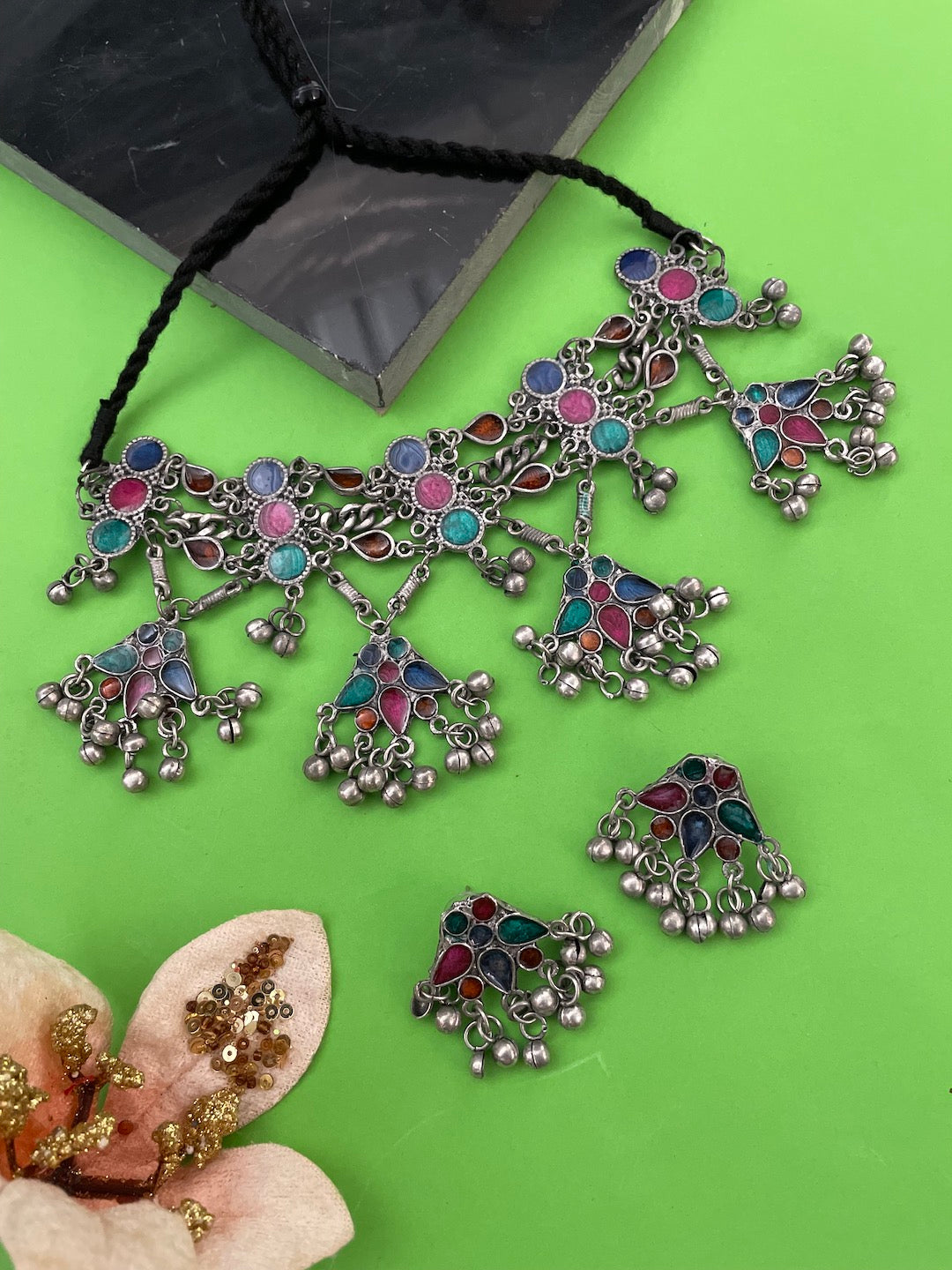 Navratri Garba Dandiya Boho Oxidized Long Necklace & Earring Set Banjara Tribal Multicolor Enamel Work