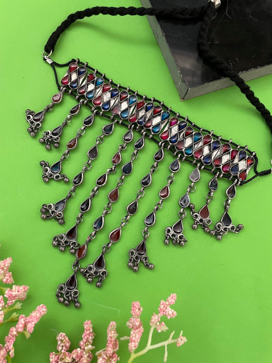 Navratri Garba Dandiya Boho Oxidized Long Necklace & Earring Set Banjara Tribal Multicolor Enamel Work