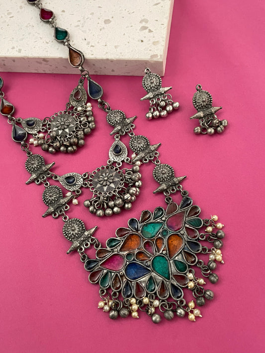 Navratri Garba Dandiya Boho Oxidized Long Necklace & Earring Set Banjara Tribal Multicolor Enamel Work