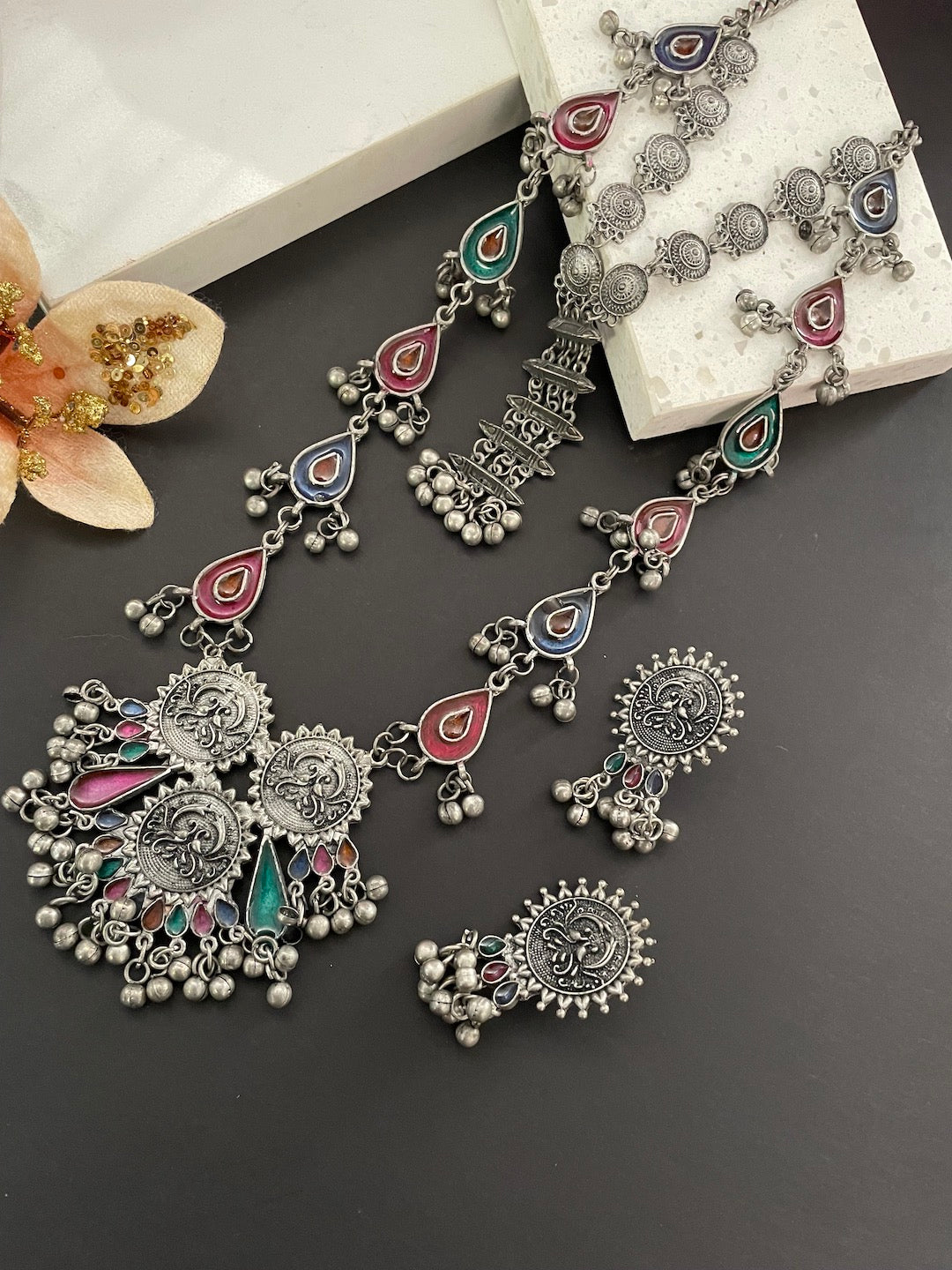 Navratri Garba Dandiya Boho Oxidized Long Necklace & Earring Set Banjara Tribal Multicolor Enamel Work