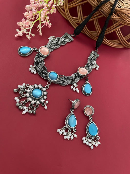 Navratri Garba Dandiya Boho Oxidized Long Necklace & Earring Set Banjara Tribal Multicolor Enamel Work