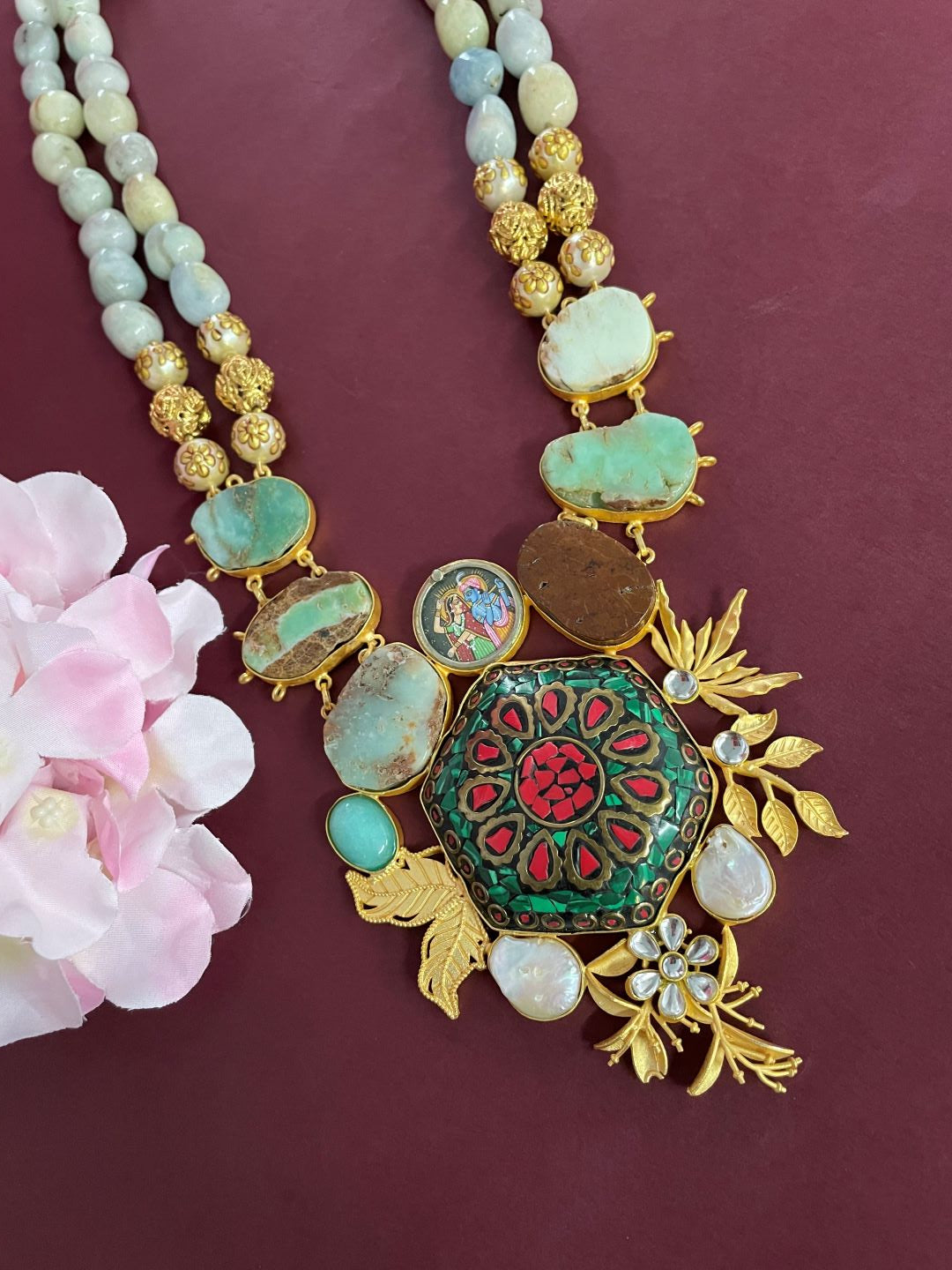 Unique Handmade Tibetan Gold Plated Necklace with Radha Krishna ,Pearls, Moonstone And Tiger Eye Semi Precious Stones