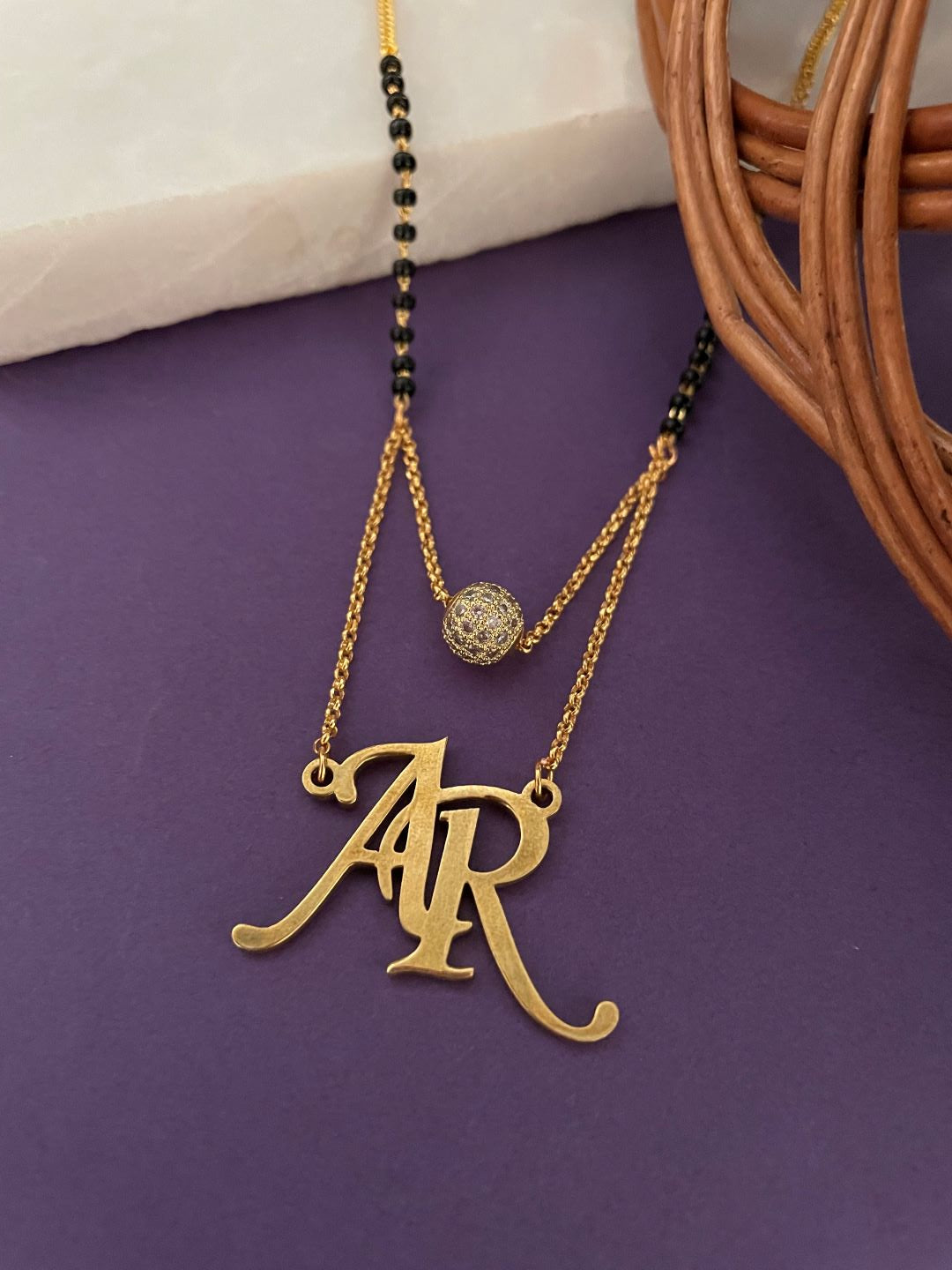 Custom 2 Initial Pendant Name Short Mangalsutra Necklace With American Diamond Ball (20 Inches)