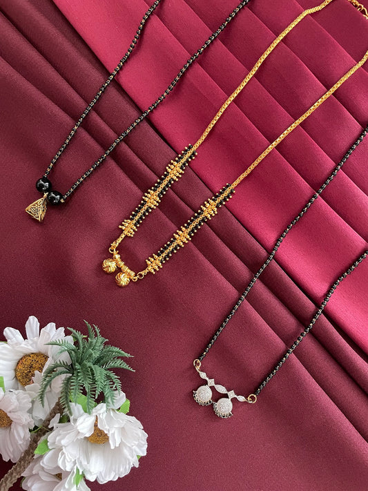 Combo Offer (Set of 3) Gold-Plated Black Beads Two Vati | Modern American Diamond Pendant Short Mangalsutra