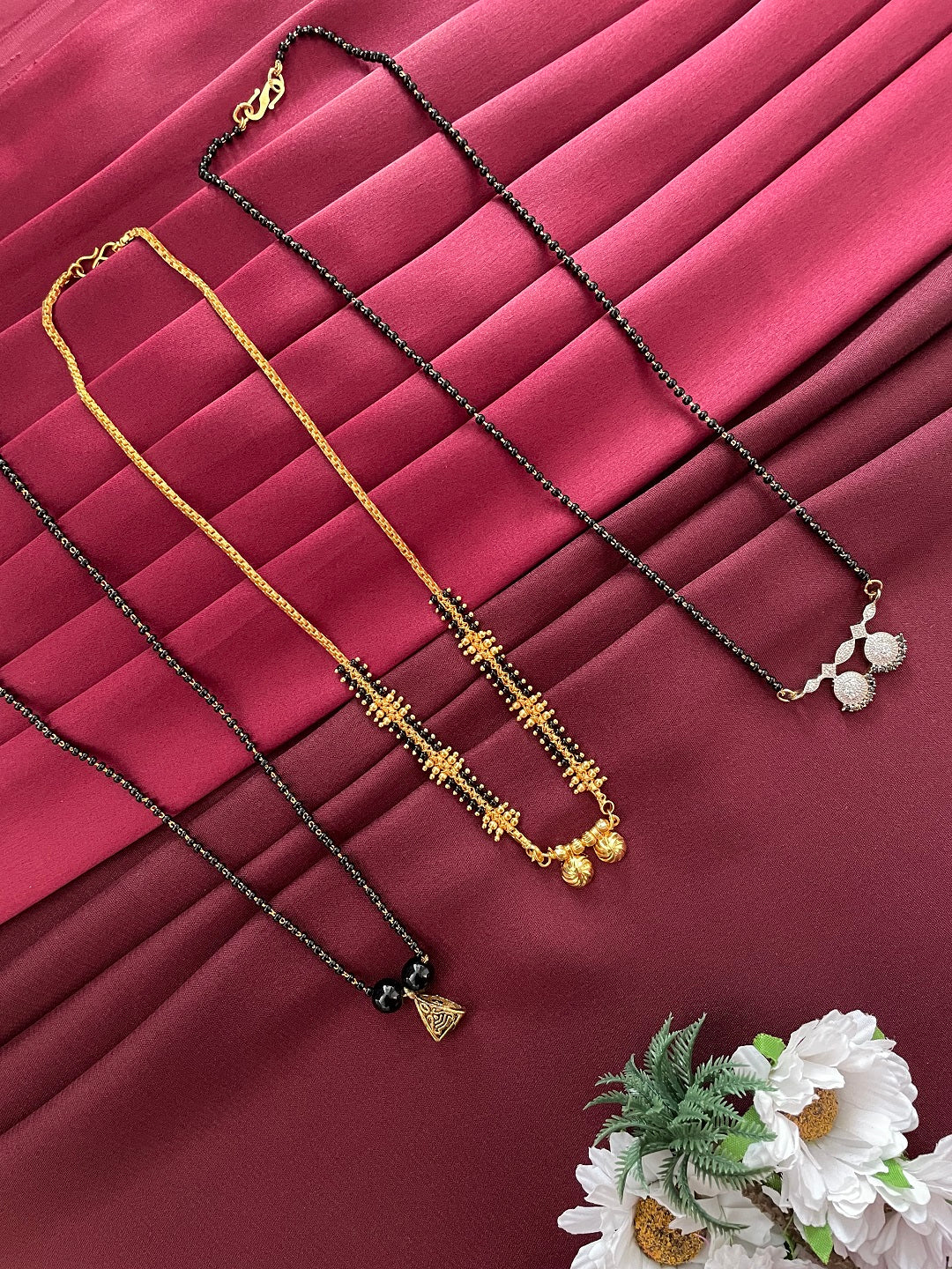 Combo Offer (Set of 3) Gold-Plated Black Beads Two Vati | Modern American Diamond Pendant Short Mangalsutra