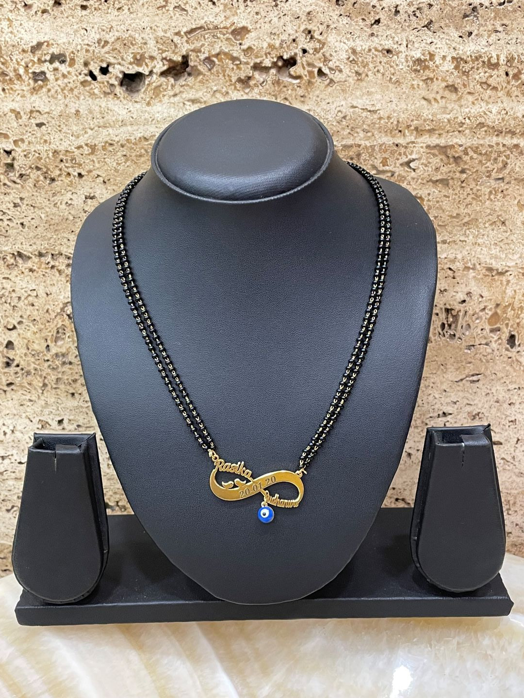Custom 2 Name Infinity Two Line Short Mangalsutra with Date and Evil Eye