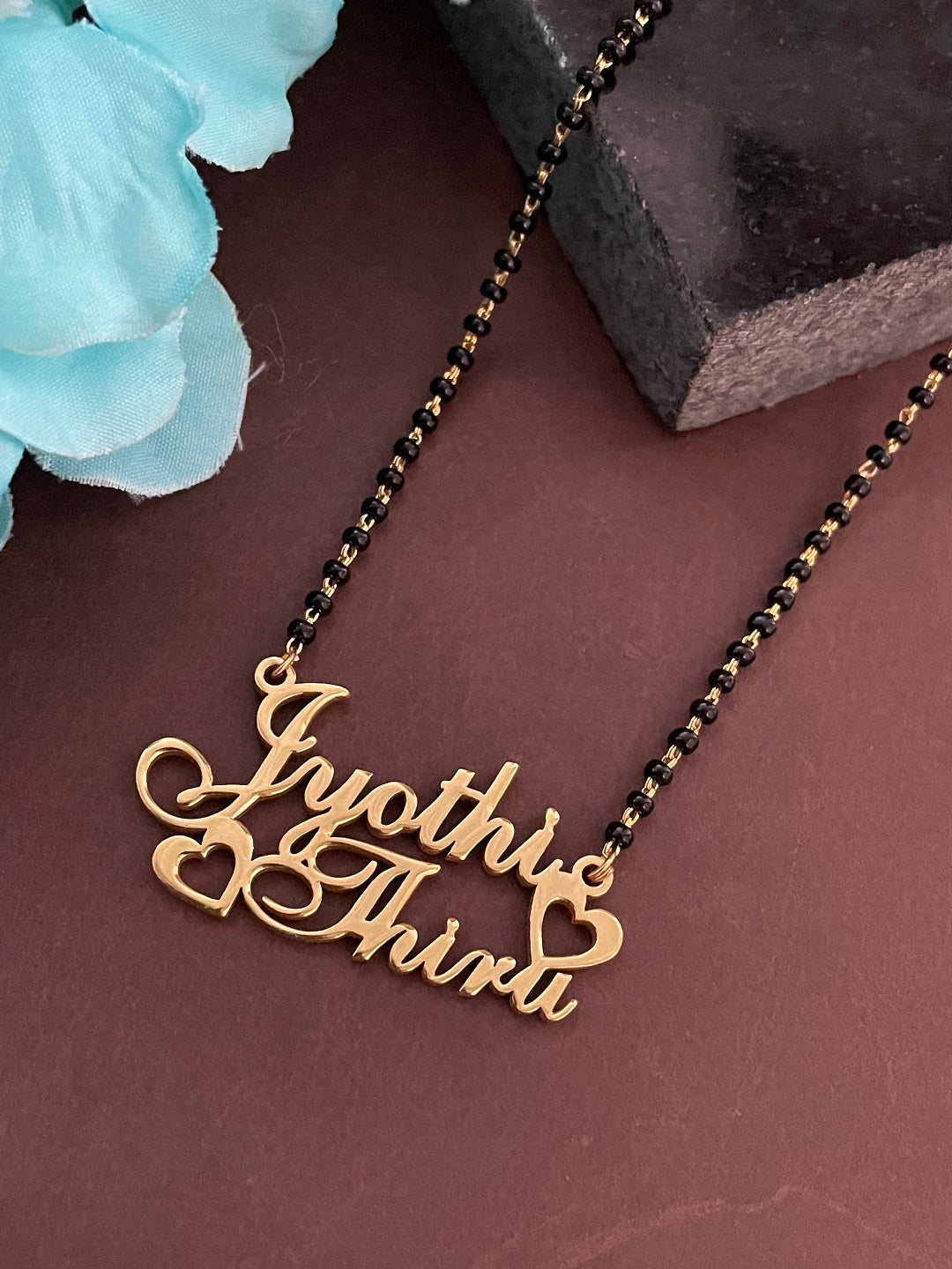 Cursive Name Long Mangalsutra With Personalized Names Mini Hearts