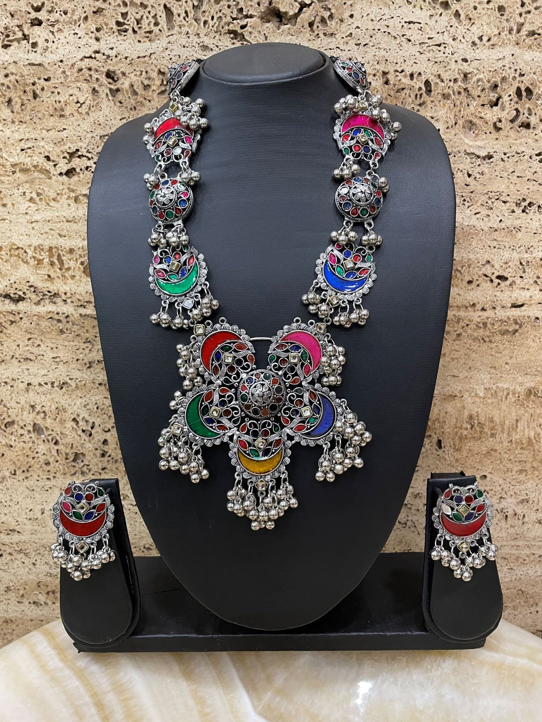 Navratri Garba Dandiya Boho Oxidized Long Necklace & Earring Set Banjara Tribal Multicolor Enamel Work