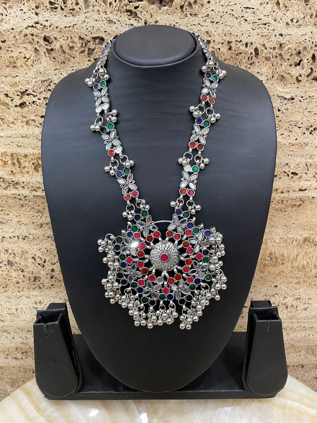 Navratri Garba Dandiya Boho Oxidized Long Necklace & Earring Set Banjara Tribal Multicolor Enamel Work