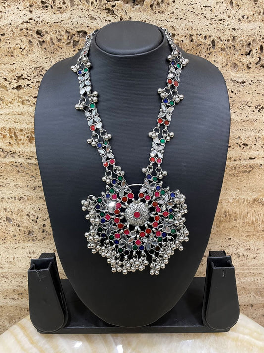 Navratri Garba Dandiya Boho Oxidized Long Necklace & Earring Set Banjara Tribal Multicolor Enamel Work