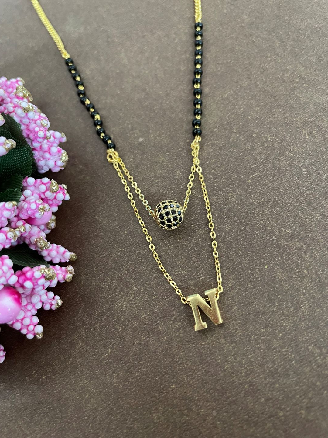 N Letter Mangalsutra Black AD Ball Pendant Short Mangalsutra Name Mangalsutra