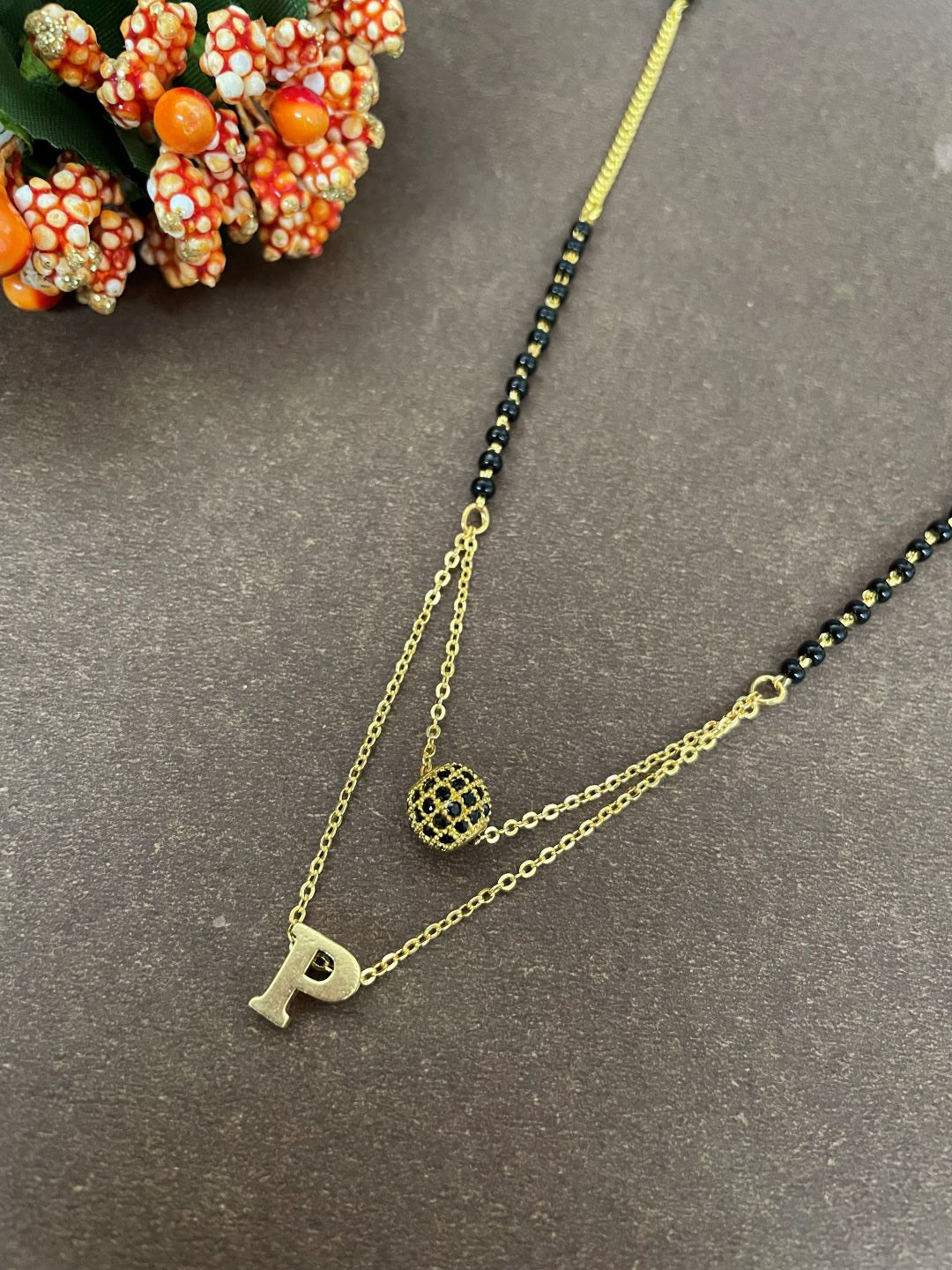 P Letter Mangalsutra Black AD Ball Pendant Short Mangalsutra Name Mangalsutra