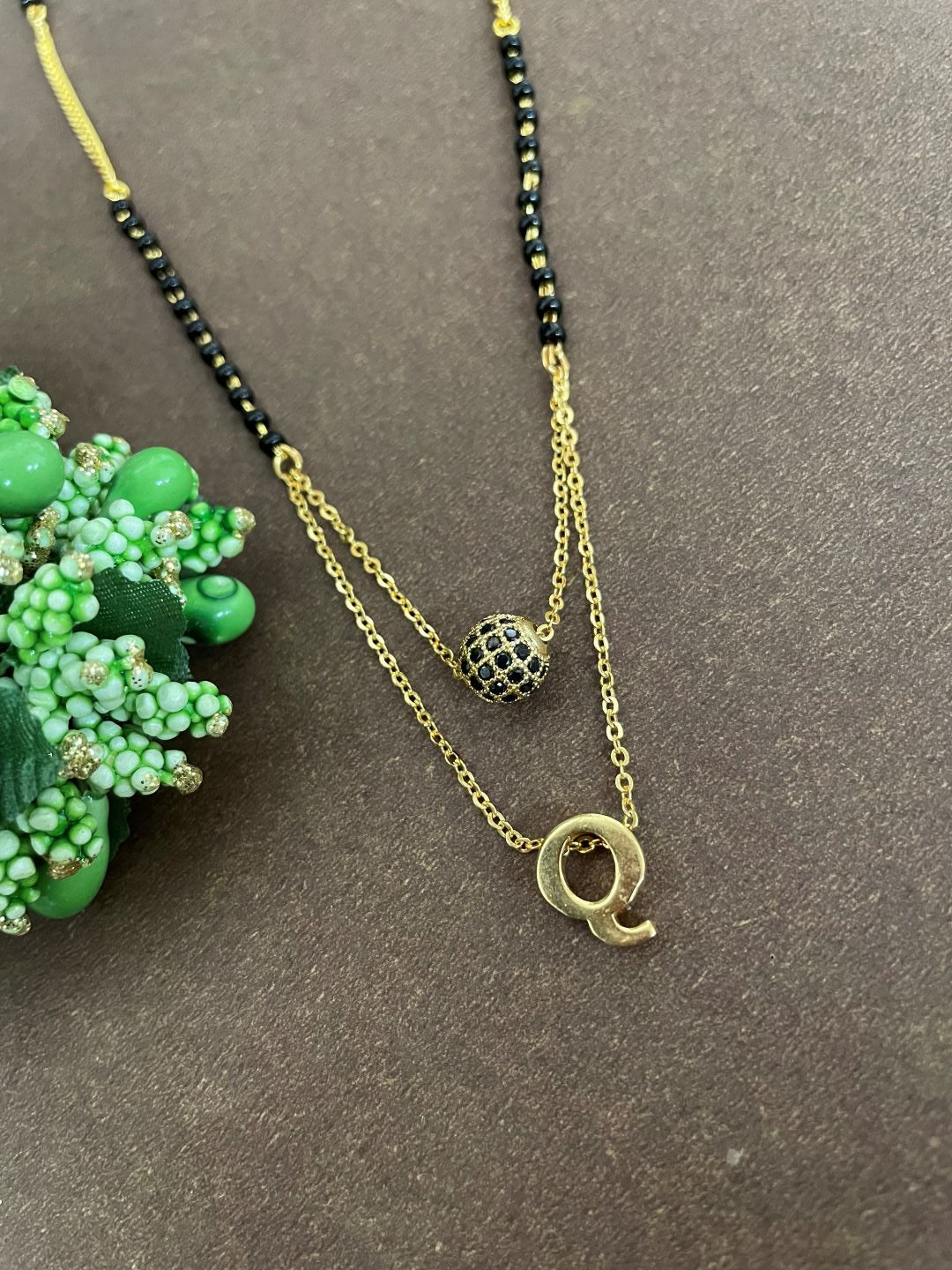 Q Letter Mangalsutra Black AD Ball Pendant Short Mangalsutra Name Mangalsutra