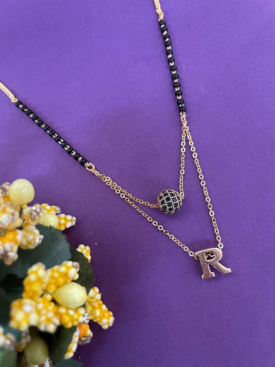 R Letter Mangalsutra Black AD Ball Pendant Short Mangalsutra Name Mangalsutra