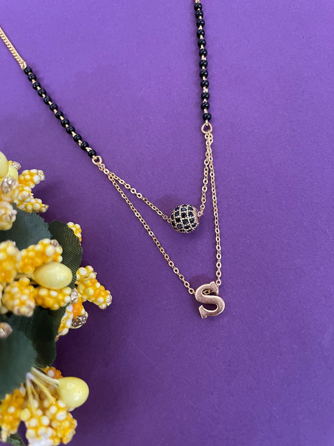 S Letter Mangalsutra Black AD Ball Pendant Short Mangalsutra Name Mangalsutra