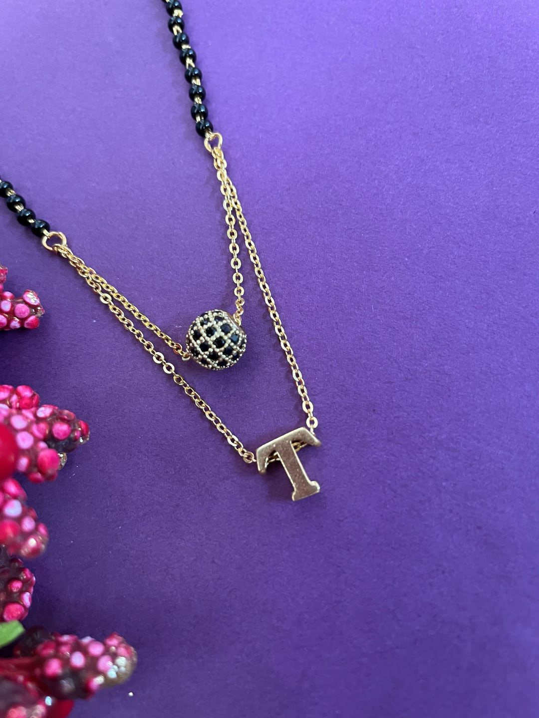 T Letter Mangalsutra Black AD Ball Pendant Short Mangalsutra Name Mangalsutra