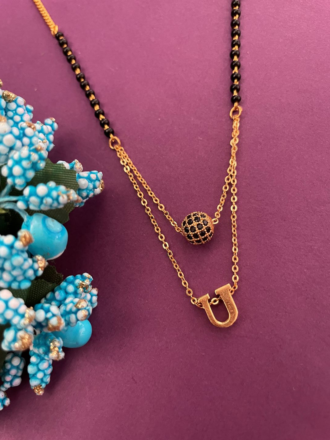 U Letter Mangalsutra Black AD Ball Pendant Short Mangalsutra Name Mangalsutra