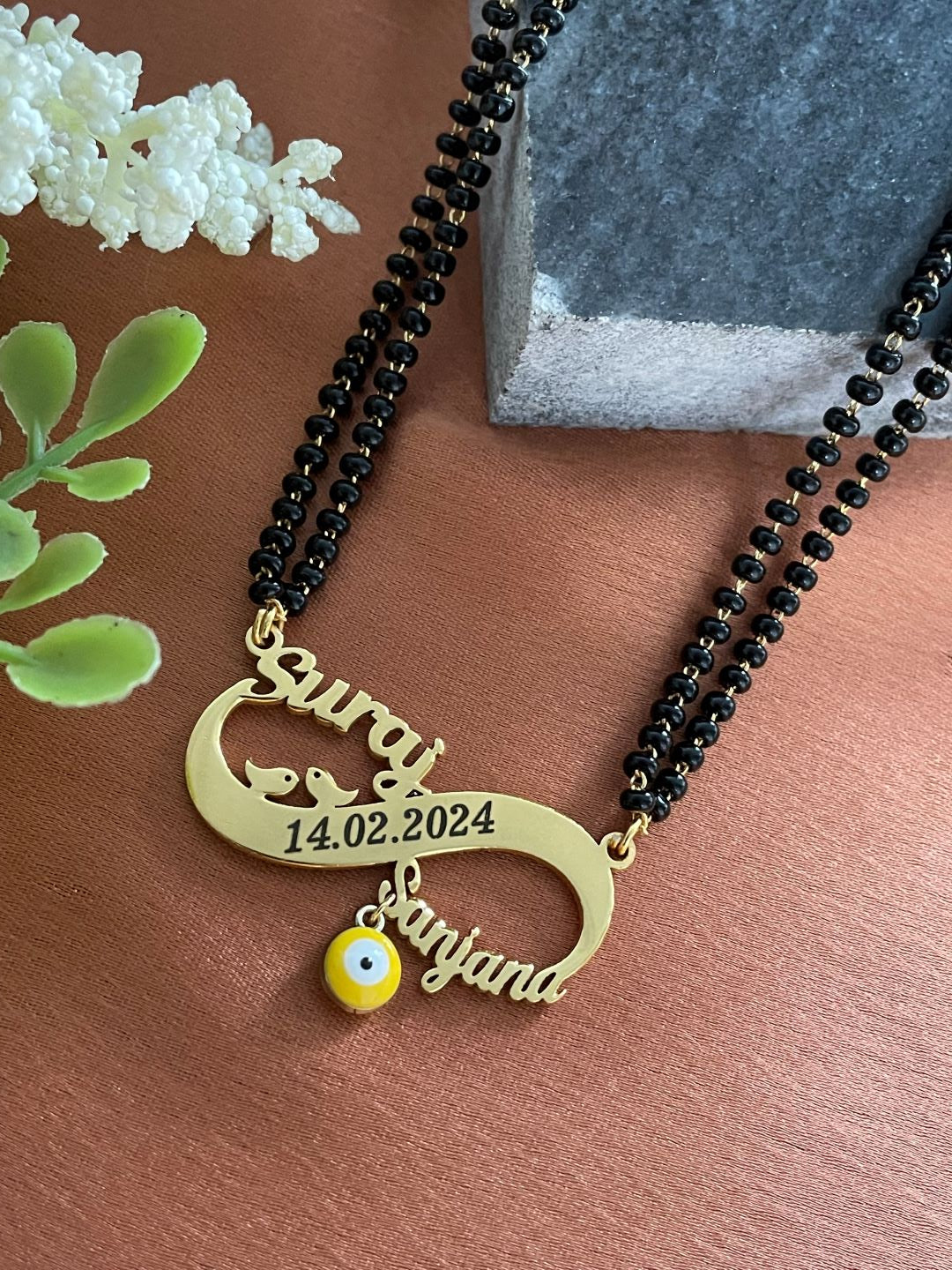 Custom 2 Name Infinity Two Line Short Mangalsutra with Date and Evil Eye