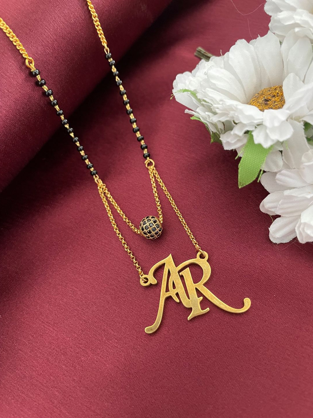 Custom 2 Initial Pendant Name Short Mangalsutra Necklace With American Diamond Ball (20 Inches)
