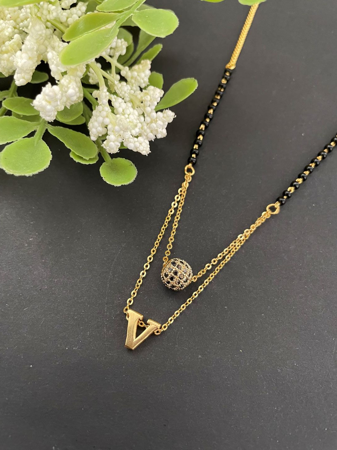 V Letter Mangalsutra Black AD Ball Pendant Short Mangalsutra Name Mangalsutra