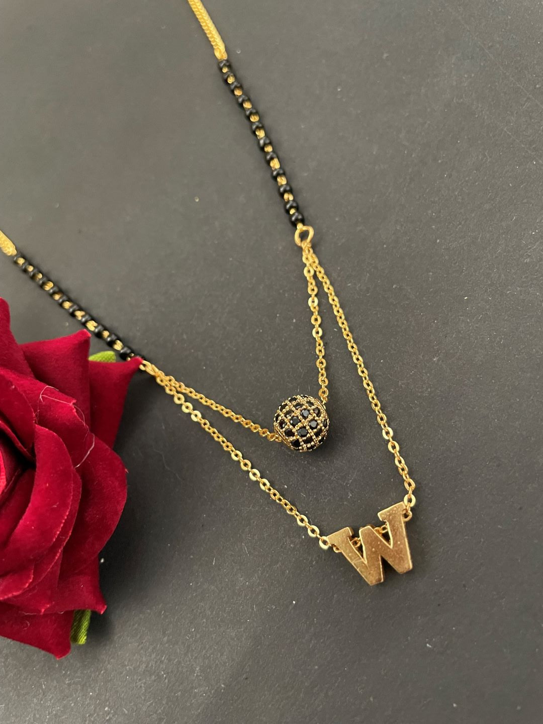 W Letter Mangalsutra Black AD Ball Pendant Short Mangalsutra Name Mangalsutra