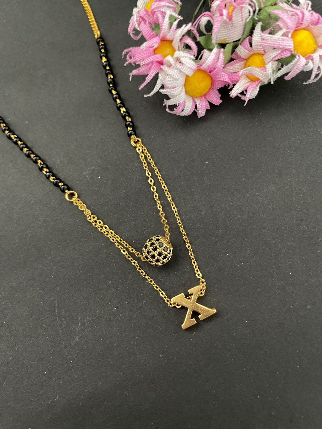 X Letter Mangalsutra Black AD Ball Pendant Short Mangalsutra Name Mangalsutra