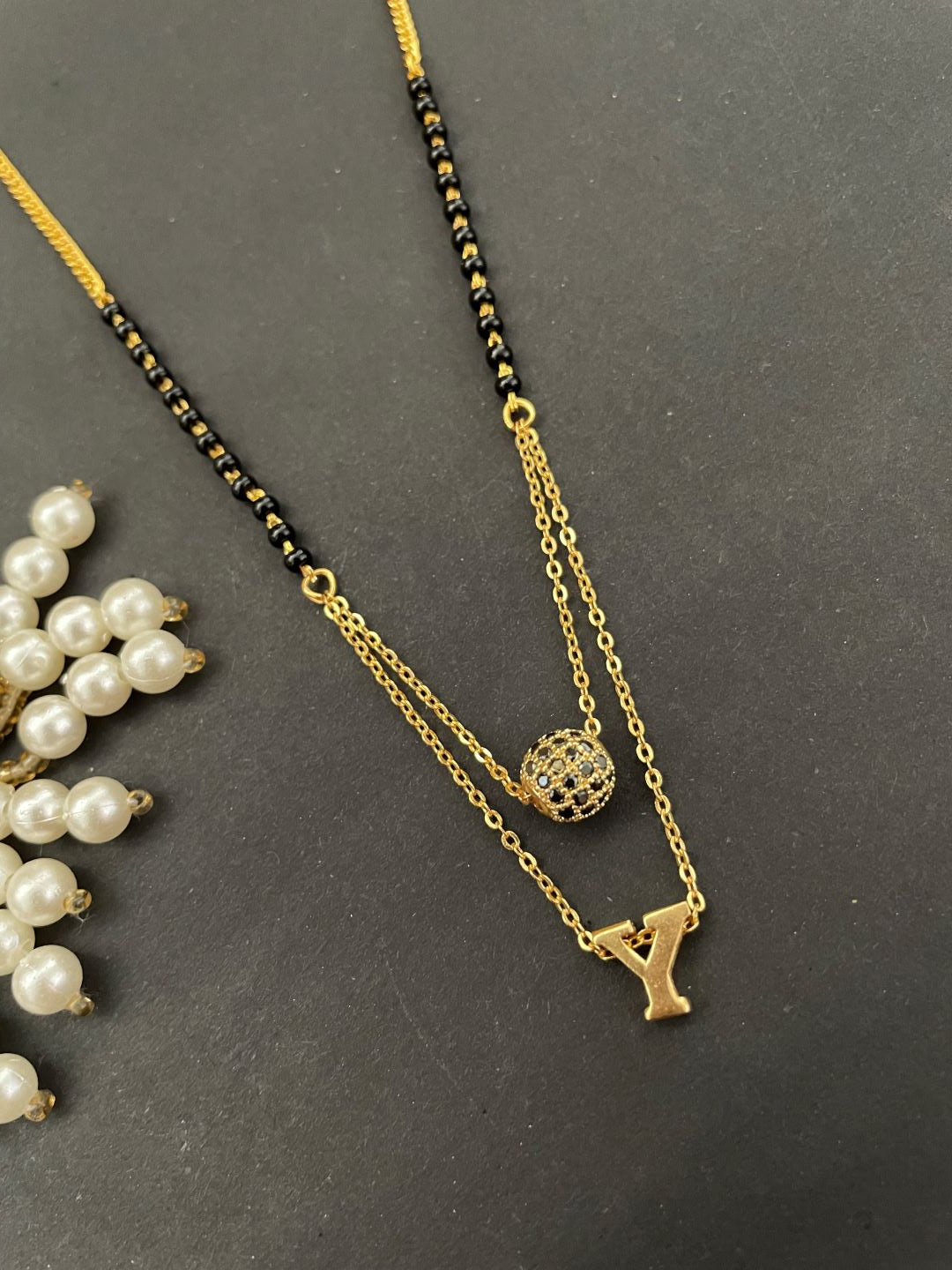 Y Letter Mangalsutra Black AD Ball Pendant Short Mangalsutra Name Mangalsutra