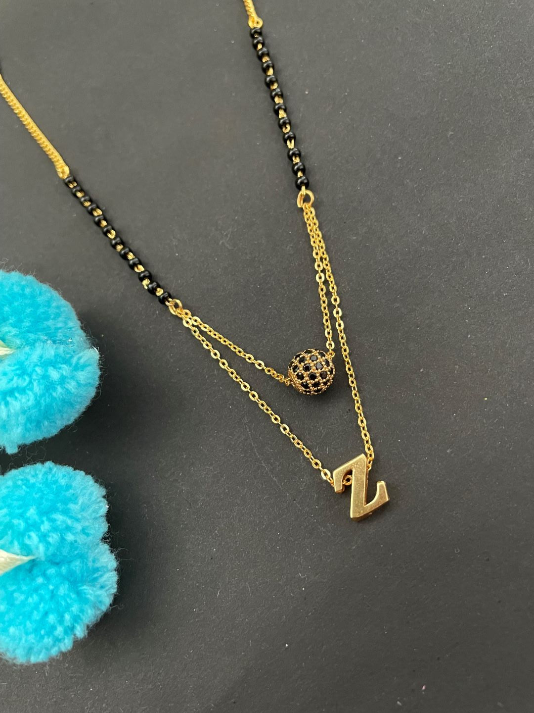 Z Letter Mangalsutra Black AD Ball Pendant Short Mangalsutra Name Mangalsutra