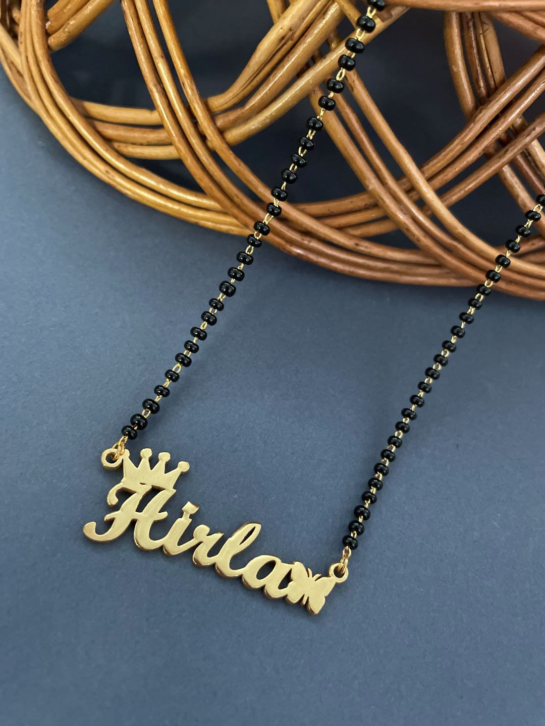 Classic Cursive Name Necklace With a Crown and Butterfly Short Mangalsutra