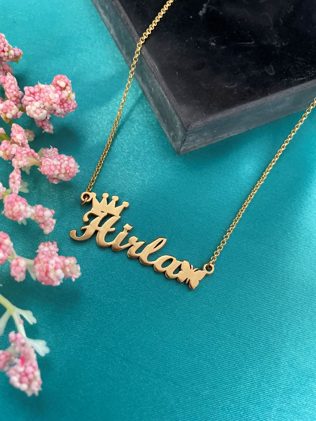Classic Cursive Name Necklace With a Crown and Butterfly with Gold Plated Chain