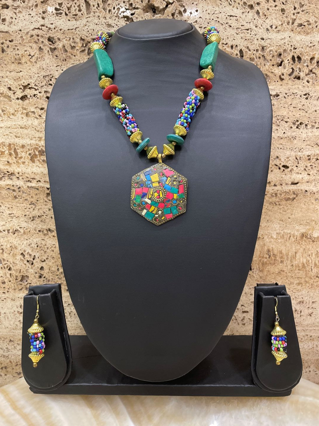 Traditional Afghani Tibetan Necklace Set Gold Plate Brass Multi-Color Pendant & Beads