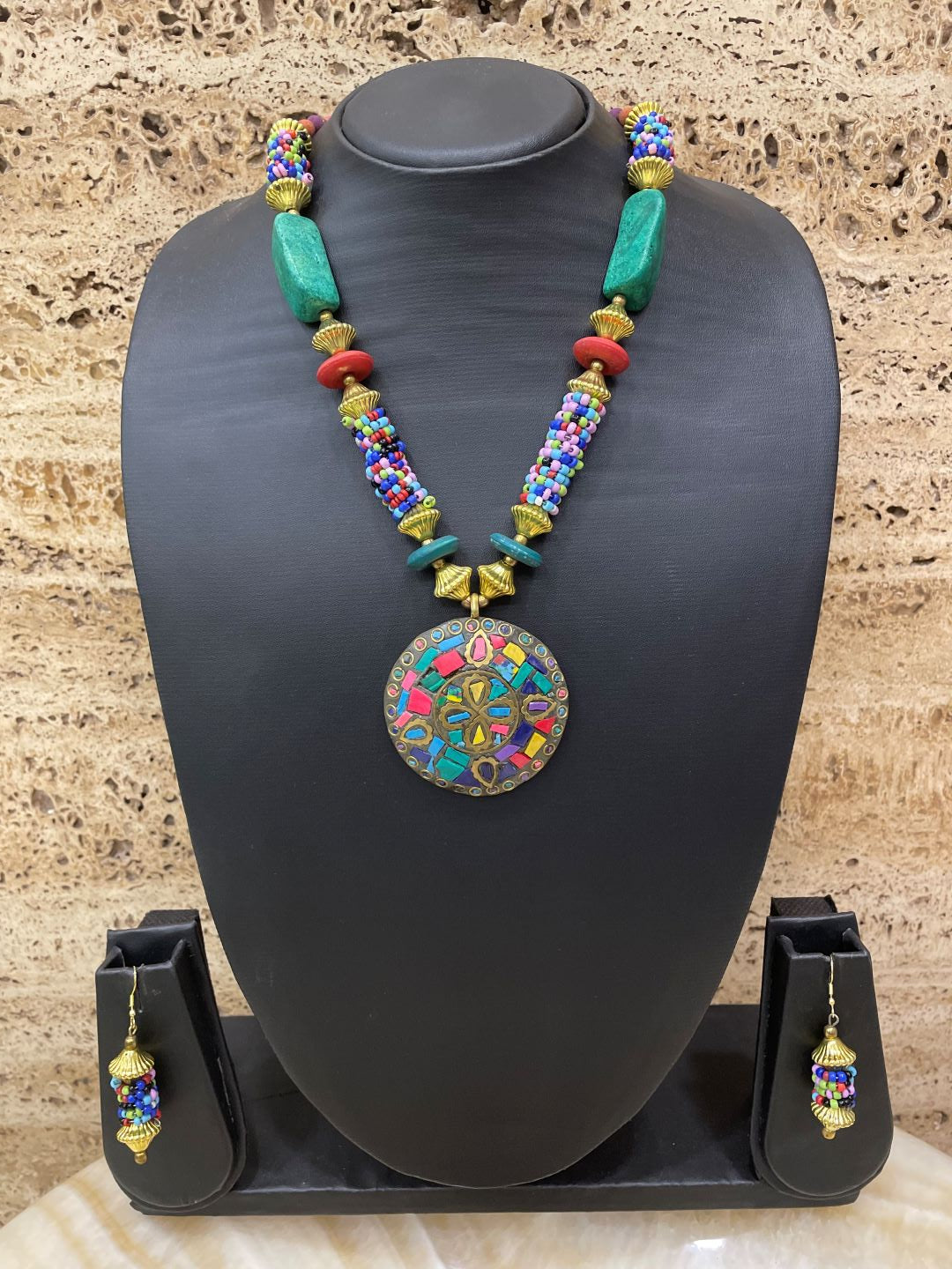 Traditional Afghani Tibetan Necklace Set Gold Plate Brass Multi-Color Pendant and Beads