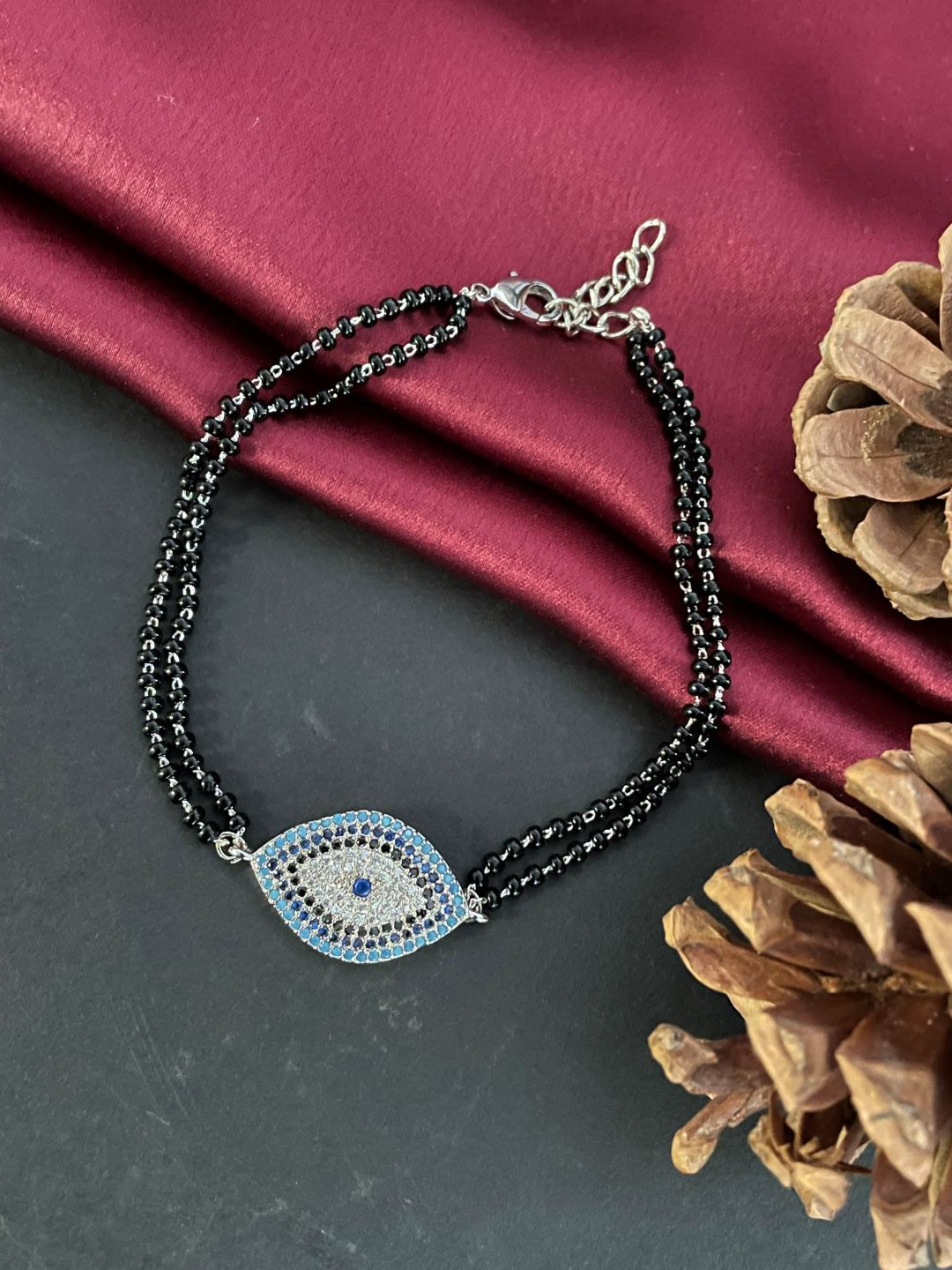 Silver Plated American Diamond Evil Eye Charm Adjustable 2 Line Mangalsutra Bracelet