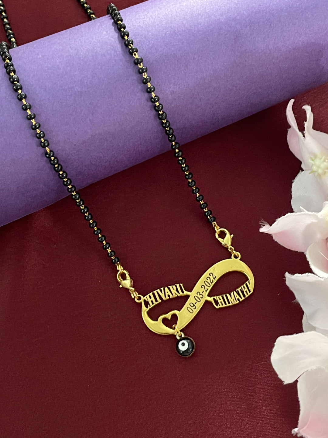 Personalized Two Names Date & Heart With Evil Eye Infinity Long Mangalsutra