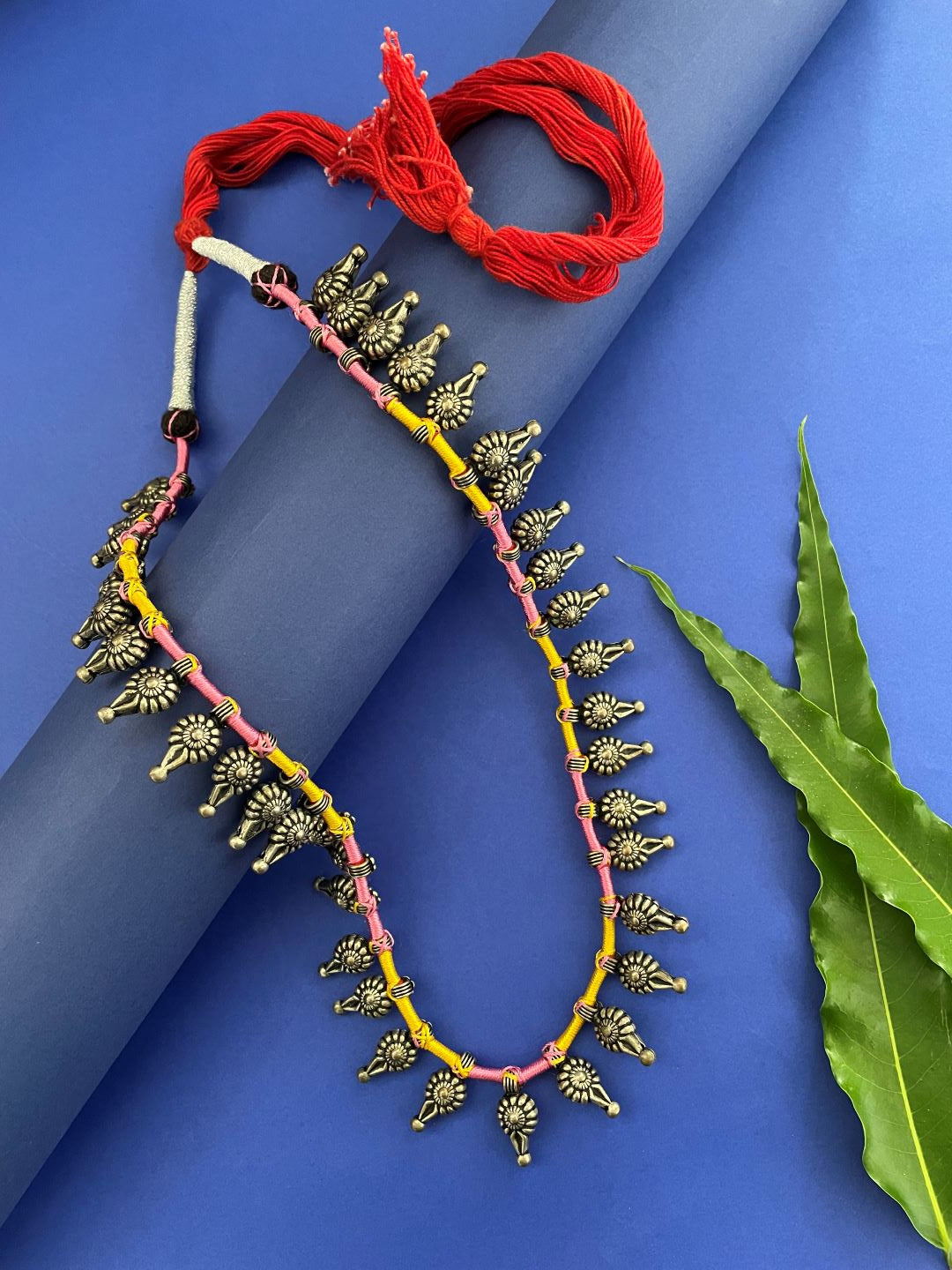 Afgani Oxidised Silver Necklace With Floral Pendents in Pink and Yellow Cord Adjustable