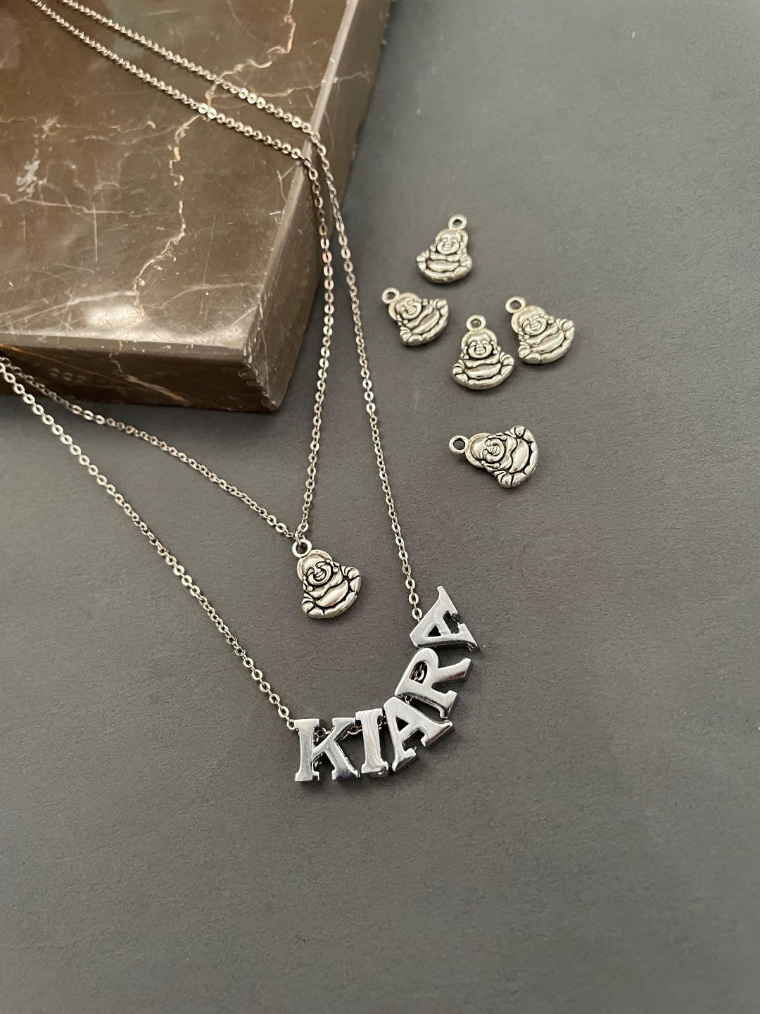 Silver-Plated Custom Name Necklace With a Laughing Buddha Charm