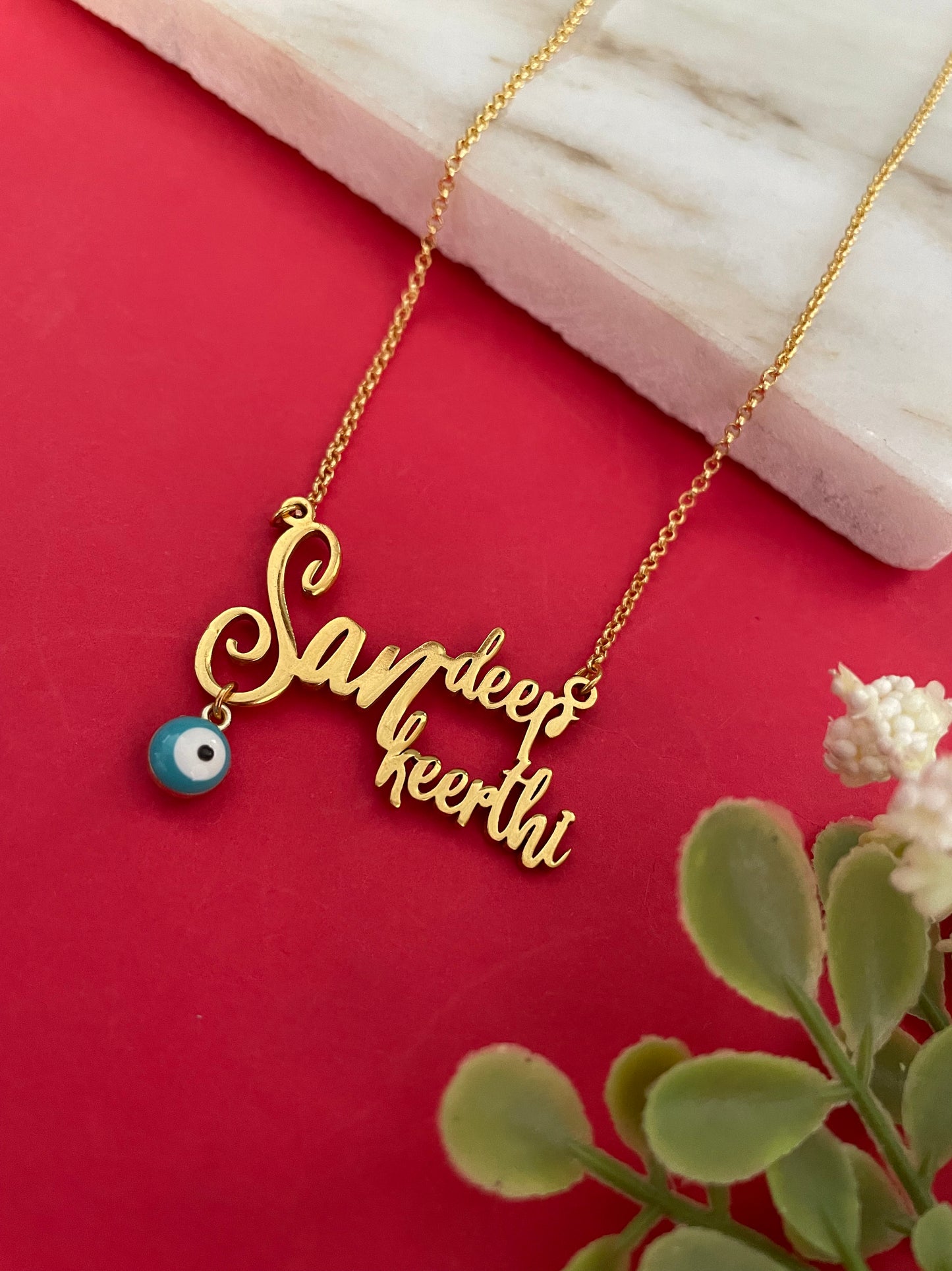 2 Name Necklace Design with Evil Eye Charm