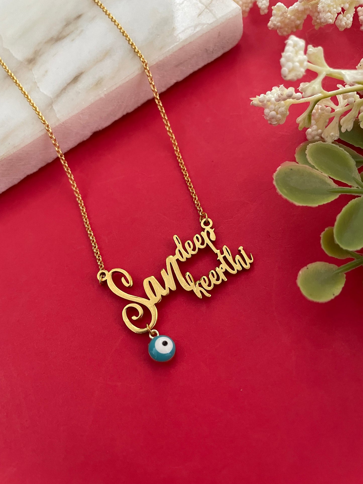 2 Name Necklace Design with Evil Eye Charm