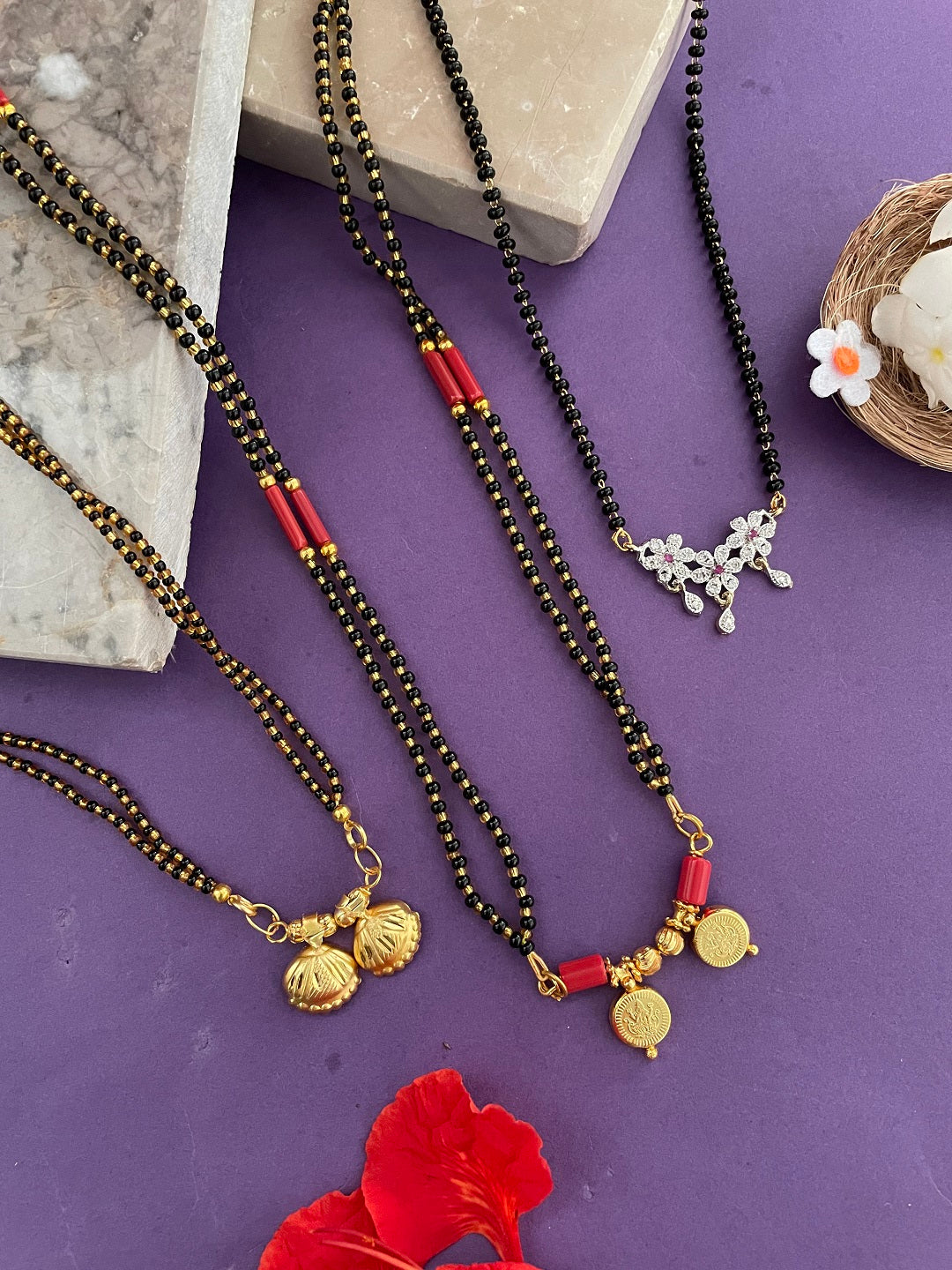 Combo Offer (Set of 3) Gold-Plated Black Beads Long Two Vati | AD Flower Pendant Short Mangalsutra